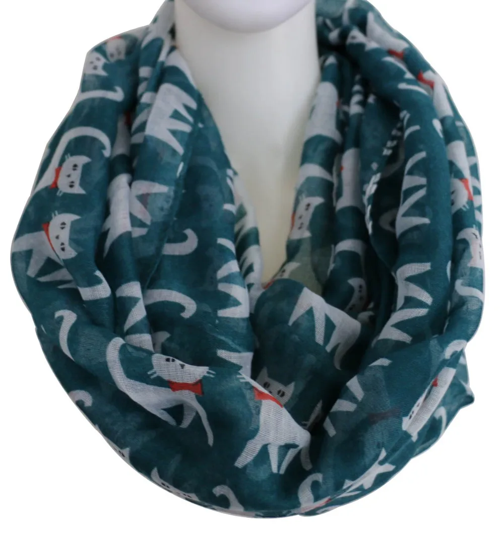 Женский шарф хомут с котом зеленый или черный разноцветный 2018|scarves for ladies|infinity loop