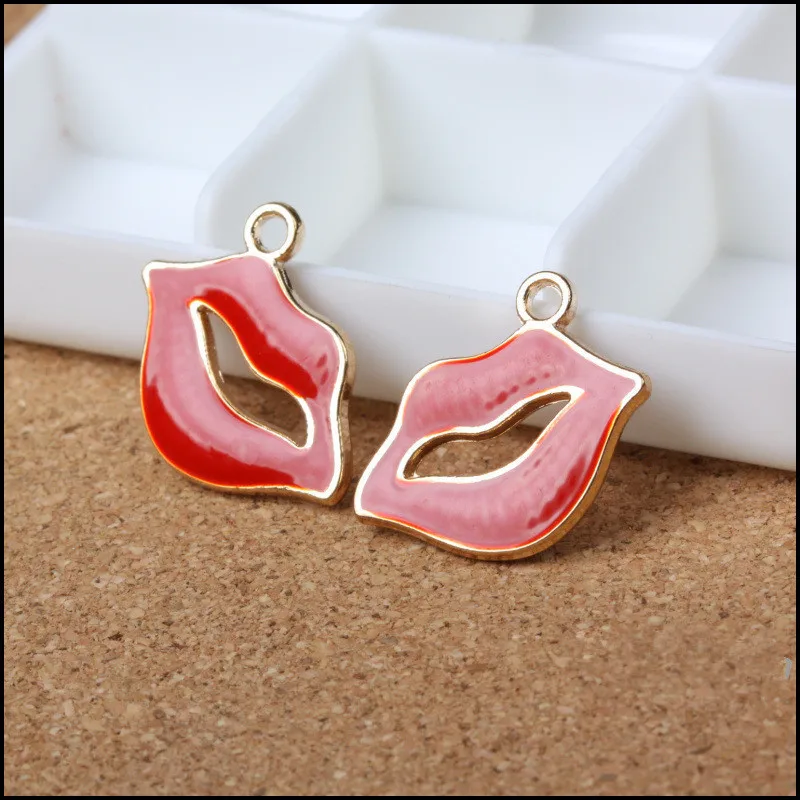 New 50PCS Oil Drop Red Sexy Lady Lips Alloy Charms Gold Tone DIY Bracelet Necklace Phone Chain Keyring Bracelet Floating Pendant