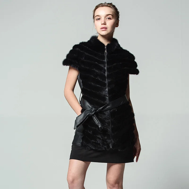 QIUSIDUN 2017 New Style Real Mink Fur Vest fashion Belted Winter Female Fur Coat Sleeveless Round Neck Russia Big Size 6XL BLACK