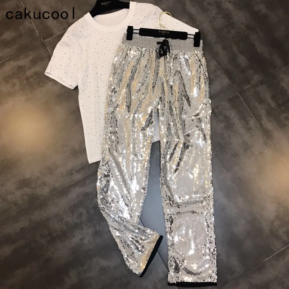 Cakucool женские брюки с серебряными блестками эластичной талией шикарные Капри