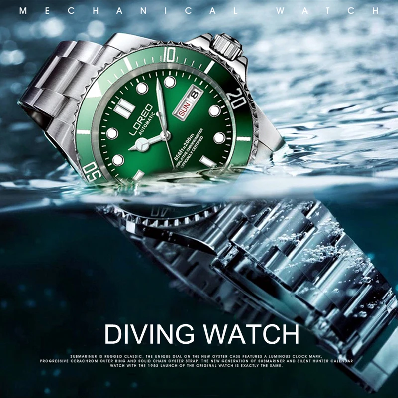 

Diving 200m Luxury Brand LOREO Waterproof Men Watch Automatic mechanical Luminous Watches Famous Brand Date Clock