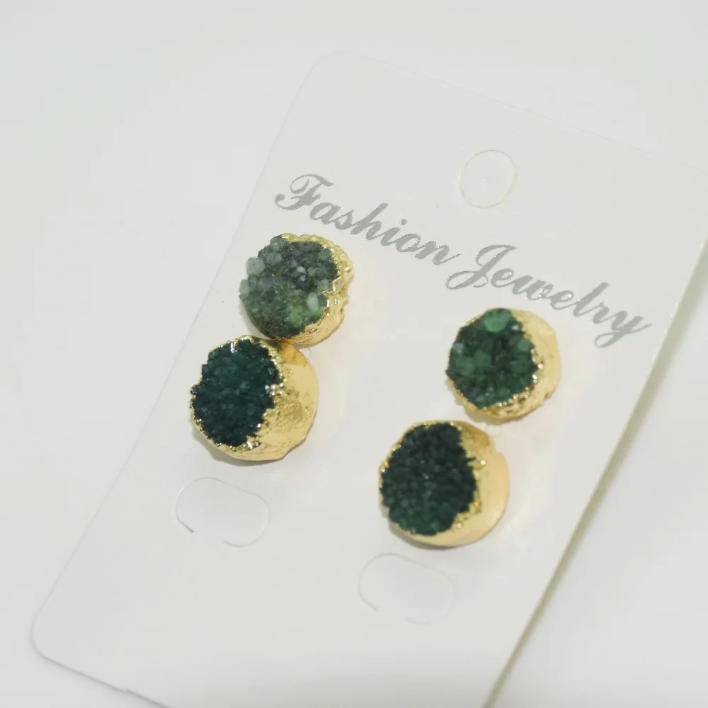 Женские серьги гвоздики geode druzy с натуральным камнем зеленого цвета ювелирное