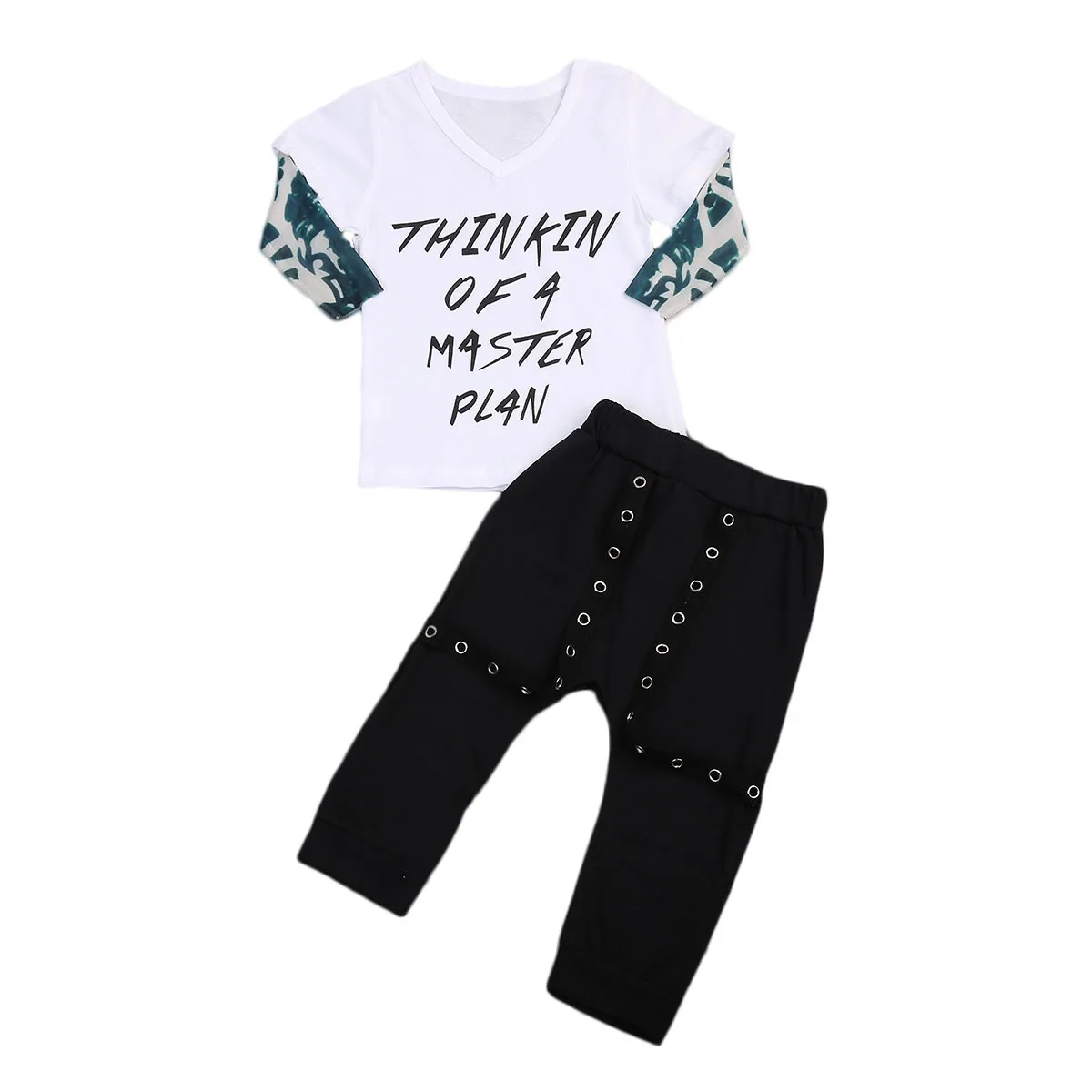 2 piece Baby Infant Toddler Boys Clothing Outfits Set Letters Tattoo Sleeve T shirt Thinkin of a master plan slogan set |