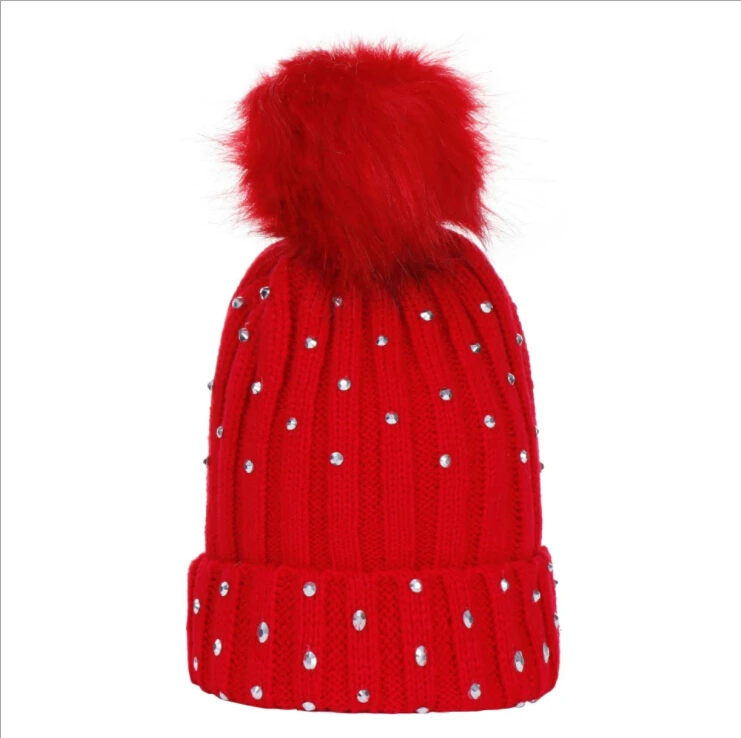 Red Pudcoco для новорожденных, для маленьких мальчиков и девочек с украшением в виде кристаллов зимние теплые Pom с помпоном-кисточкой вязаная шапка бини Детская кепка - Color: Red