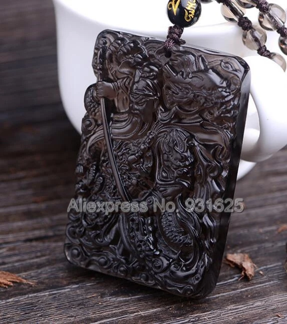 Chinese Handwork Natural Ice Clear Obsidian Carved Blessing GuanGong Amulet Lucky Pendant + Beads Necklace Fashion Jewelry | Украшения и