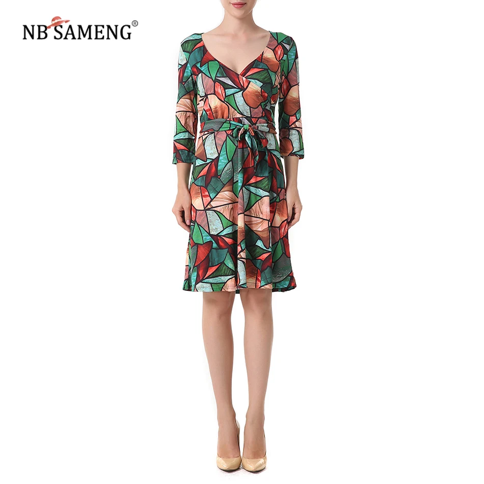 2017 New Arrival Women Autumn Dresses V-Neck Floral Half Sleeve Patchwork Dress Vestido De Festa 2 Colors | Женская одежда