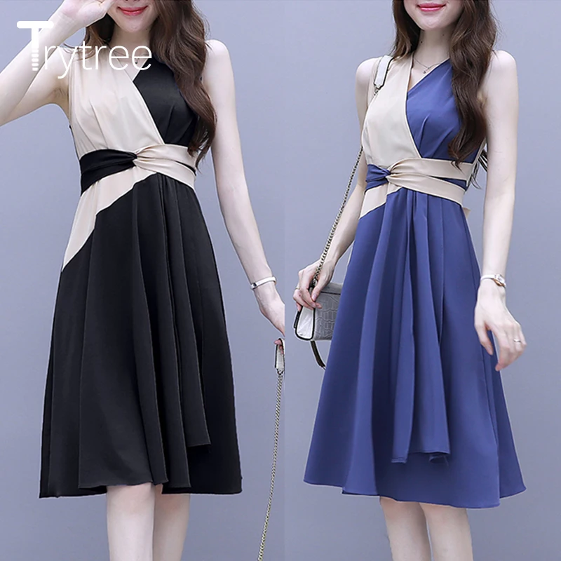 Trytree 2019 летнее Повседневное платье для женщин с v образным вырезом без рукавов