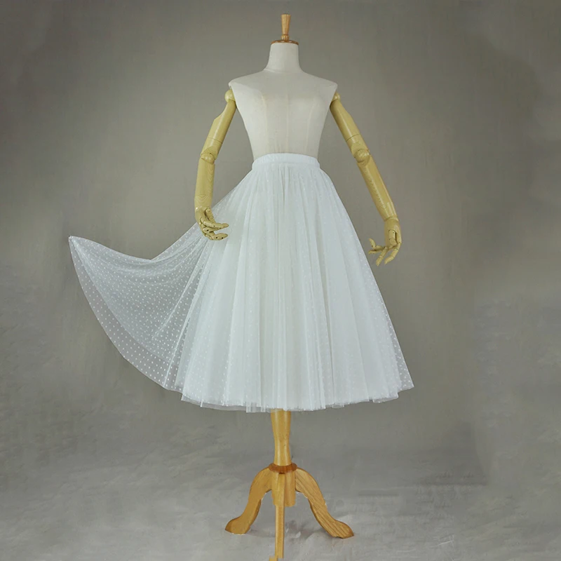 

Women Ivory Dots Mesh Skirt Saia Falda Elastic Waist Plus size Allowed High Quality Summer Skirts Bridal Snow White Sweety Style