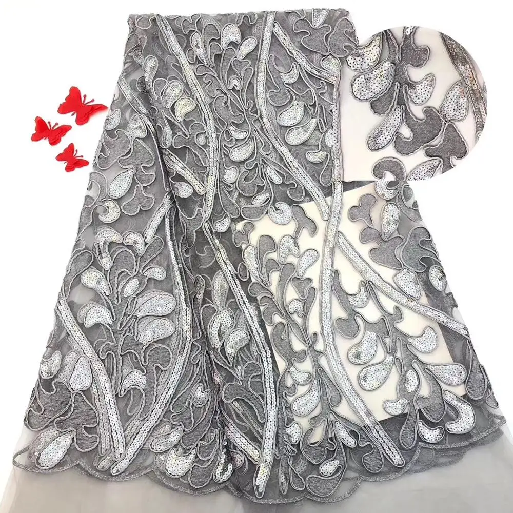 

2019 Best selling french net sequence African tulle mesh lace fabric high quality grey embroidered Swiss Nigerian sequins laces