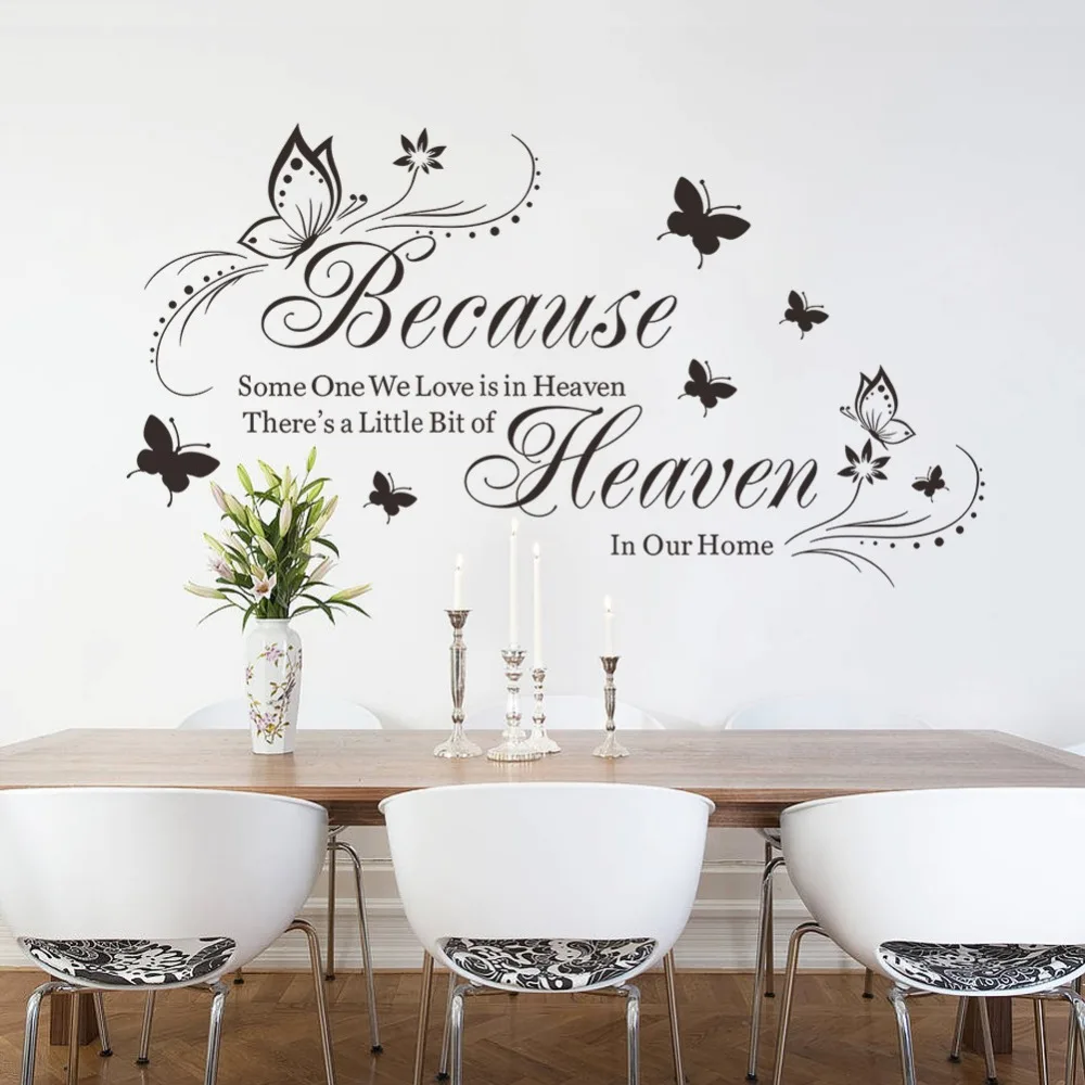Family Love Quote Vinyl Stickers Because Someone We Love Is In Heaven Lettering Wall Decal Butterfly Design Wall Murals AJ506