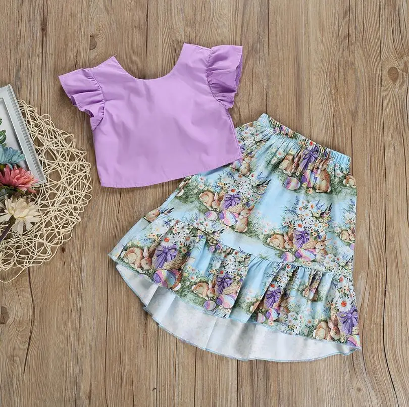 Летние хлопковые модные комплекты для маленьких девочек фиолетовый топ + юбка с