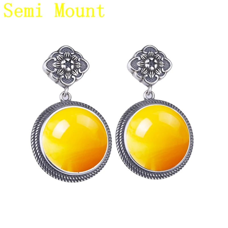 925 Sterling Silver 13x13mm Round Cabochon Semi Mount Stud Earrings Art Deco Vintage Women fit Turquoise Amber Setting | Украшения и