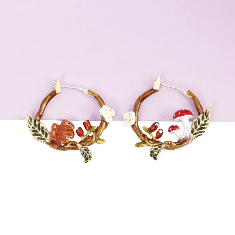Белка гриб Асимметричные круглые серьги Модные ювелирные изделия Sieraden Joyas