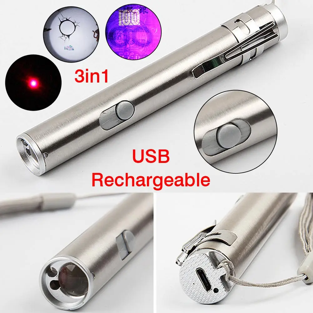 

1Pc Portable 500LM Mini Penlight LED Laser & UV Torch & Flashlight Tactical Work Light USB Rechargeable/AAA Battery