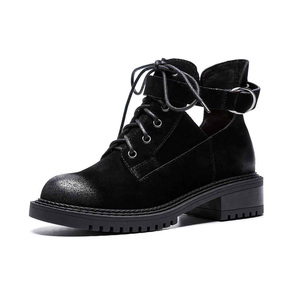 black cow suede Karinluna/брендовые ботинки из натуральной кожи; Прямая поставка; размер 40 женская обувь модная женская обувь в уличном стиле с ремешком и пряжкой женские ботинки - Цвет: black cow suede