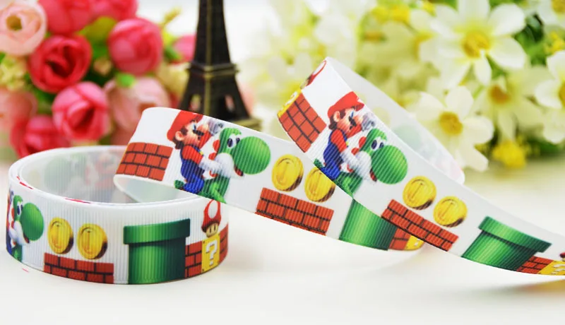 7/"(22 мм) вечерние Сатиновые ленты с принтом героев из мультфильма" Super Mario Bros ", X-02100, OEM, 10 ярдов