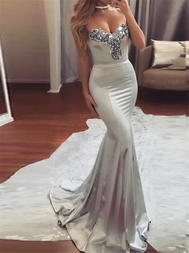 

Elegant Women Strapless V-neck Sequins Formal Summer Dress Wedding Bridesmaid Long Maxi Mermaid Dress Party Ball Prom Gown Dress