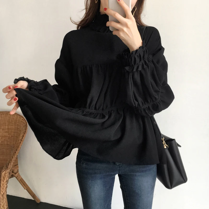 2018 Офисная Женская блузка с буфами на рукавах рубашки со стоячим воротником
