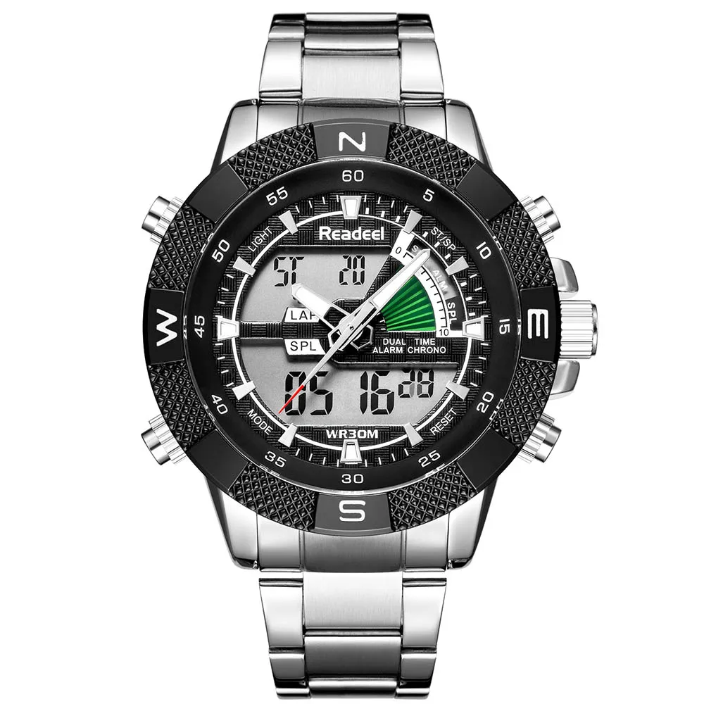2018 Fashion Luxury Brand Watches Men Digital LED Dual Display Silver Black Stainless Steel Quartz Watch Relogio Masculino | Наручные
