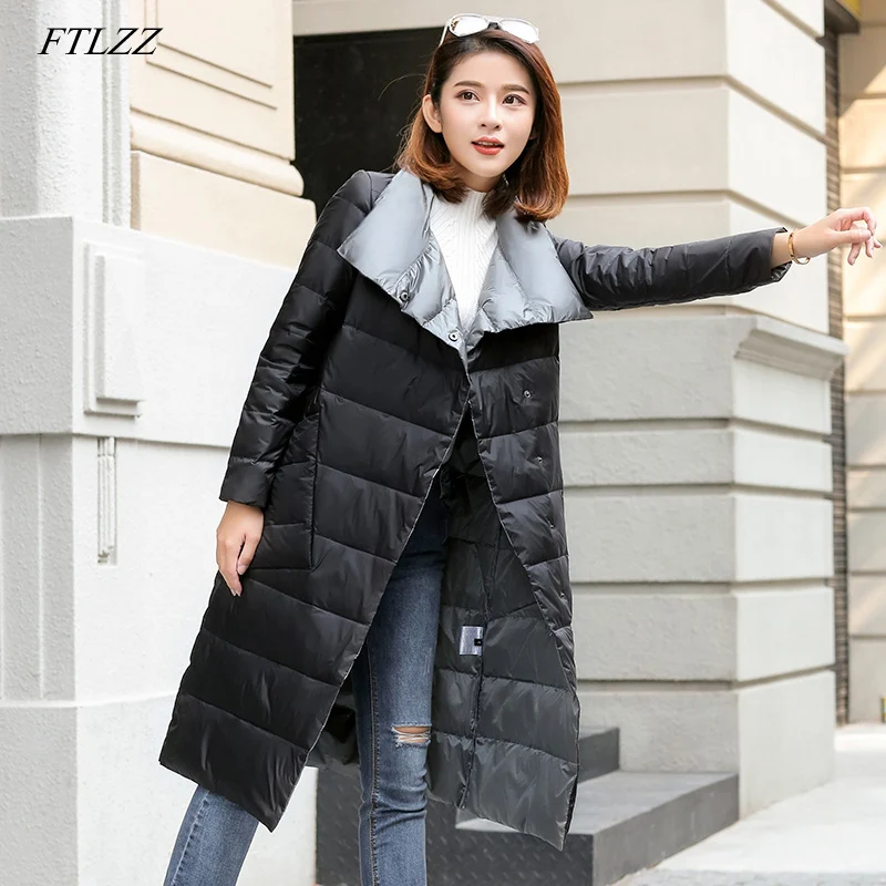 FTLZZ, новинка, женский,, белый, утиный пух, ультра-светильник, куртка, пальто, зимнее, двухстороннее, тонкое, пуховое пальто, однобортное, парка