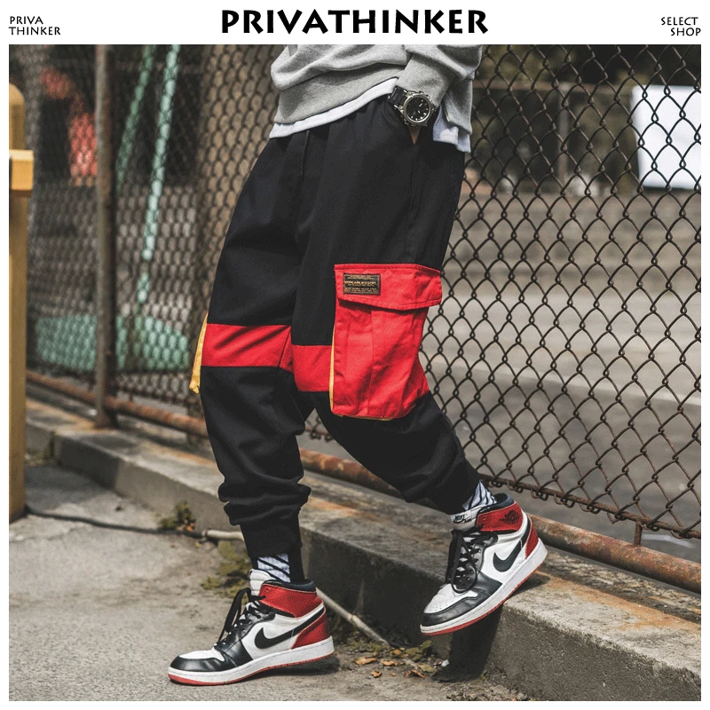 Privathinker Men Hiphop Sweat Pants 2018 Man Color Block Joggers Male Fall Streetwear Black Cargo Plus Size Trousers | Мужская одежда