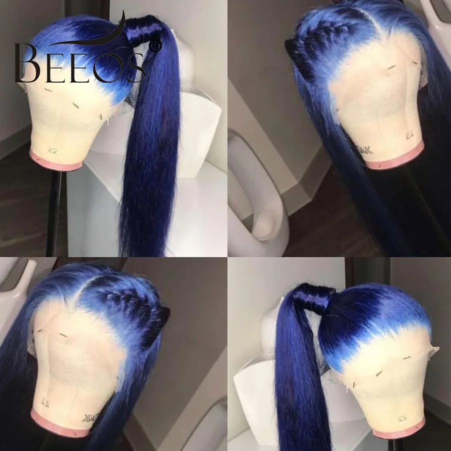 Beeos Colored Blue 150% 13*6 Lace Front Human Hair Wigs Pre Plucked Hairline Brazilian Transparent Lace Wig with Baby Hair Remy