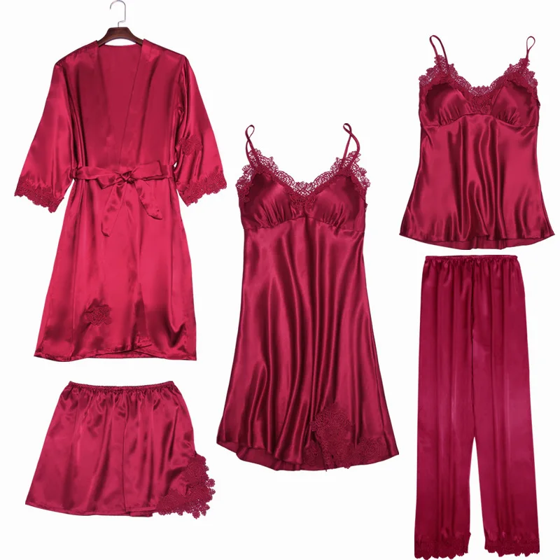 Wine Red 5 pcs Кигуруми Единорог 5 шт сексуальные кружевные пижамы набор женский искусственный шелк полосатый халат набор леди v-образным вырезом домашняя одежда пижамы с нагрудными накладками - Цвет: Wine Red 5 pcs