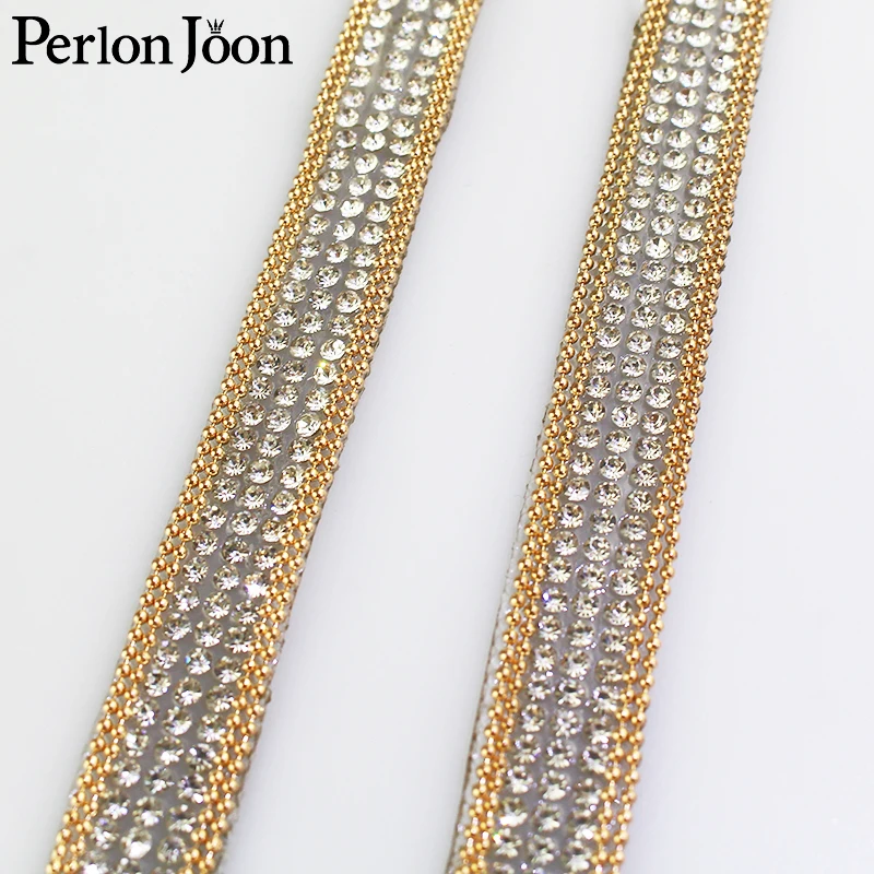 1 yard gold chain white rhinestone tape hot fix glass ribbon crystal rhinestone decoration iron on shoes clothing accessories