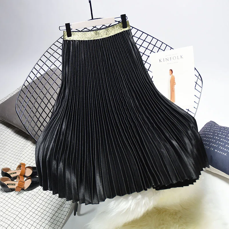 Черный Sherhure, Высококачественная женская летняя плиссированная юбка, тянущаяся, высокая талия, Женская длинная юбка, женский джемпер, Женская юбка миди, Saia - Цвет: Черный