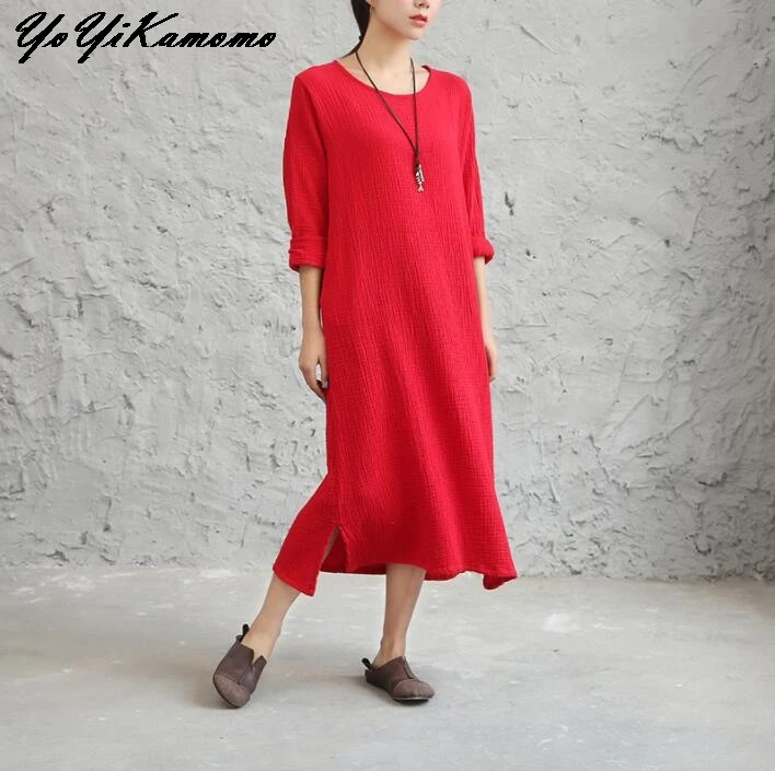 Женское платье YoYiKamomo хлопковое льняное с длинным рукавом|linen dresses women|linen dresscotton linen