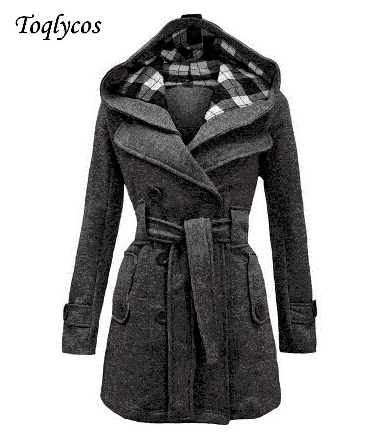 Фото Зимнее женское Новое клетчатое пальто с капюшоном поясом двубортное длинное 203 |