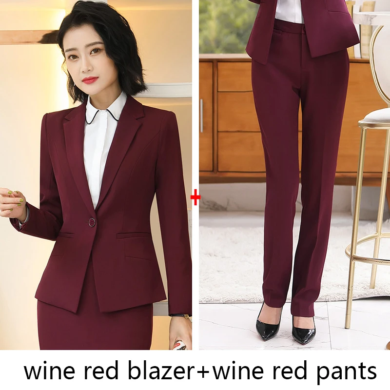 wine red pants suits Женские весенне-осенние новые модные Женский комплект 2 шт. костюмы с юбкой, тонкая рабочая одежда, офисный Женский блейзер с длинным рукавом и юбка, наряды - Цвет: wine red pants suits