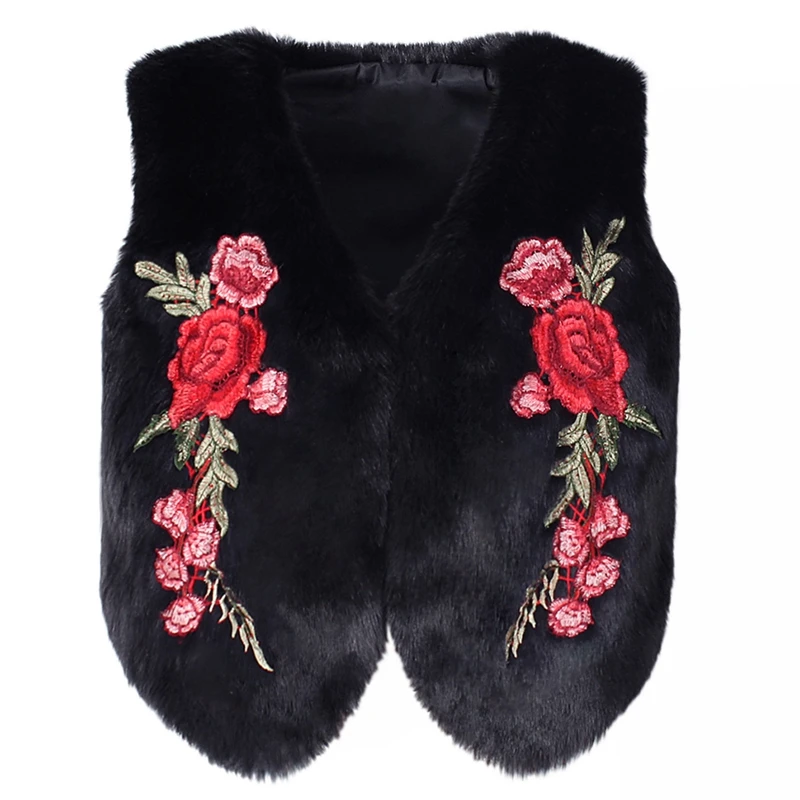 Белый меховой жилет модная Розовая вышивка искусственный мех куртки черный плюс