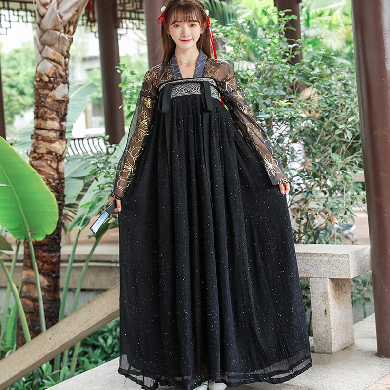 Женский костюм Hanfu черный/красный китайский топ + юбка плащ для косплея танцев
