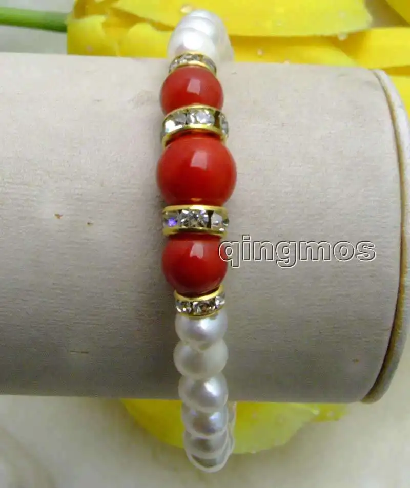 

Qingmos 6-7mm Round Natural White Pearl Bracelet for Women with Round Natural Red Coral Stone Bracelet 7.5" Jewelry Bra292