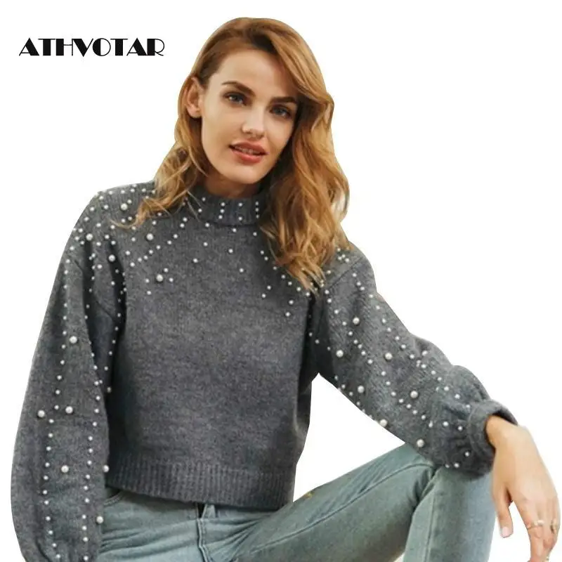 ATHVOTAR Pearl Round Neck Sweater Women Lantern Sleeve Plain Loose Pullover Casual Outfit Winter 2019 | Женская одежда