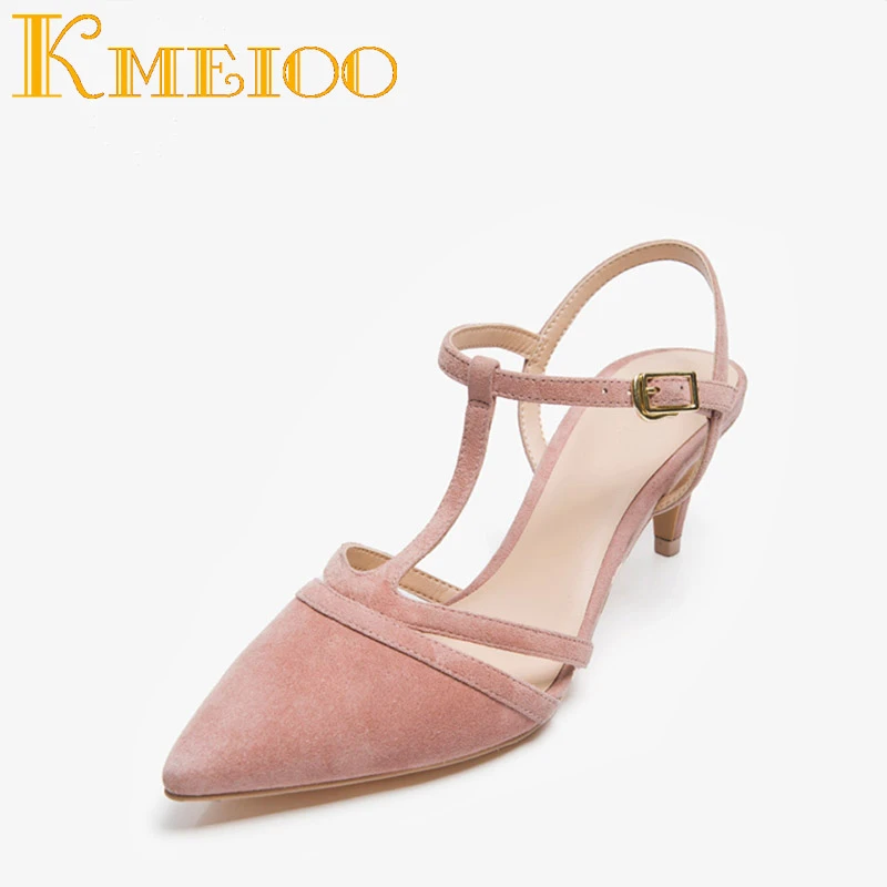

Женские босоножки с острым носком Kmeioo, босоножки на среднем каблуке с вырезами и ремешком на щиколотке, замшевые босоножки с котятами на каб...