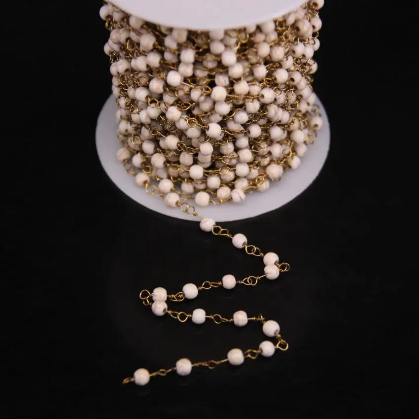 5Meters/lot 4mm White Turquoises Round bead Copper Link Chain Gems Stone With Brass Wire Wrapped Rosary Style | Украшения и