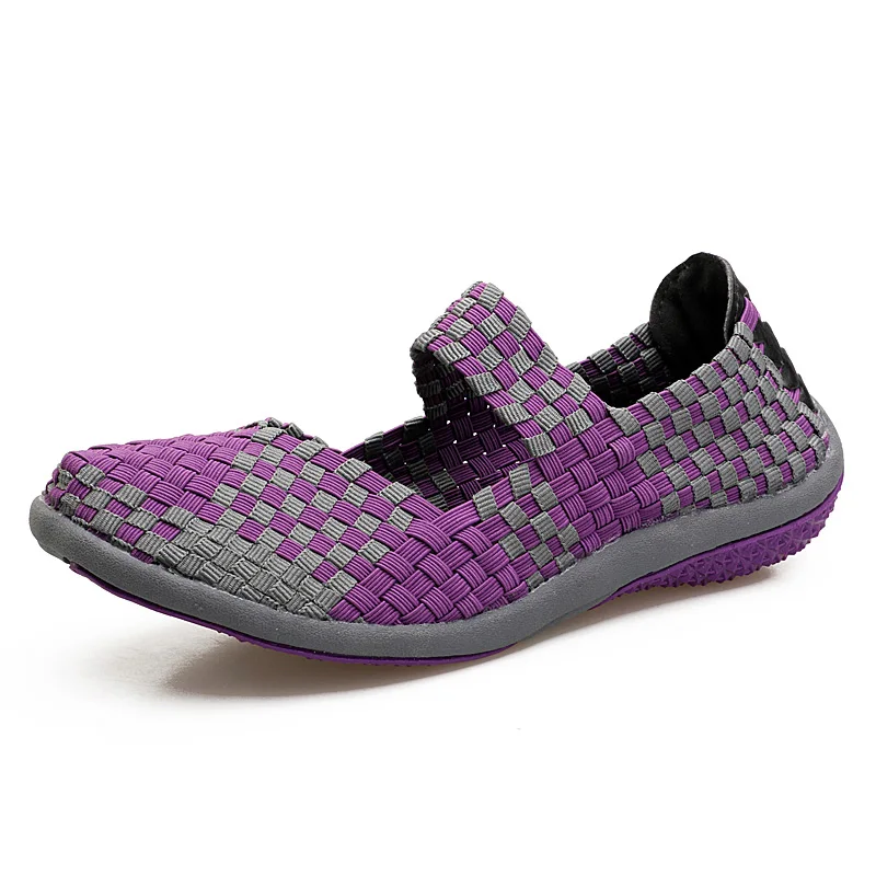 purple grey EOFK/ летний Для женщин Мэри Джейн удобные ручной работы, Для женщин тканые туфли без каблуков, без шнуровки, из нейлона, в клетку, женские туфли на плоской подошве - Цвет: purple grey
