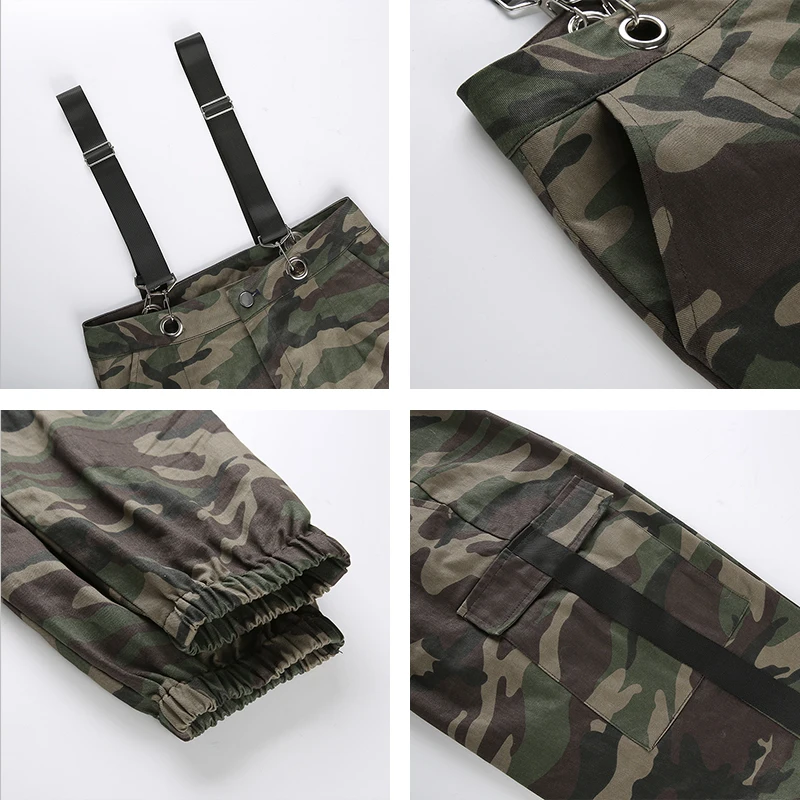 Rapwriter Fashion High Waist Cotton Camouflage Overalls Women Autumn Streetwear Side Pocket Strap Trousers Pencil Pants