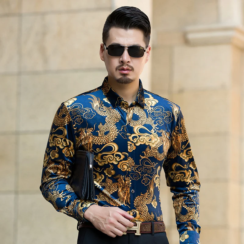 Мужская бархатная рубашка с отложным воротником и длинным рукавом осень 2017| |