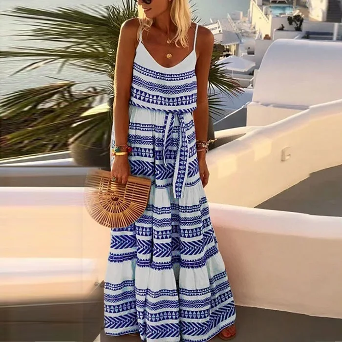 blue Elsvios, женское платье в полоску, с принтом, Boho, модное, летнее, с открытыми плечами, пляжные платья, с открытой спиной, на бретелях, макси платье размера плюс, Vestidos - Цвет: blue