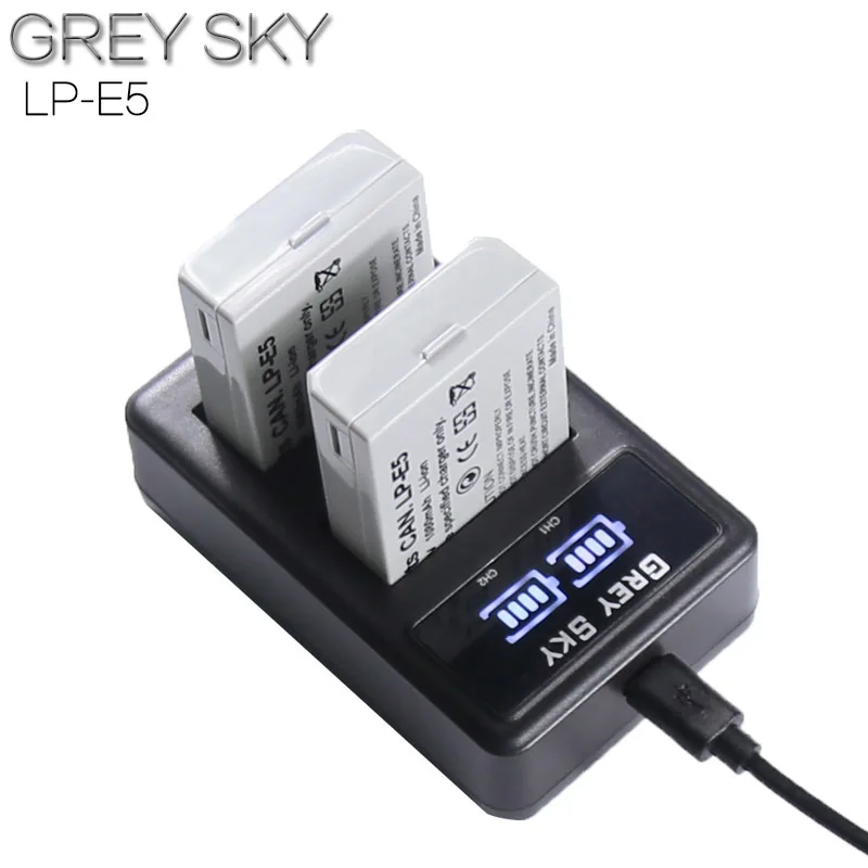 2 шт. 1080 мАч LPE5 LP-E5 LP E5 батарея+ светодиодный USB двойное зарядное устройство для Canon EOS Rebel XS, Rebel T1i, Rebel XSi, 1000D, 500D, 450D, Ki