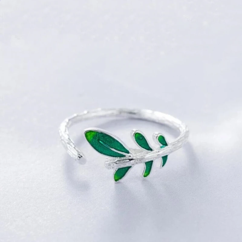 

Sole Memory Literary Fresh Leaves Green Drops Glaze Branches Cute Silver Color Female Resizable Opening Rings SRI240