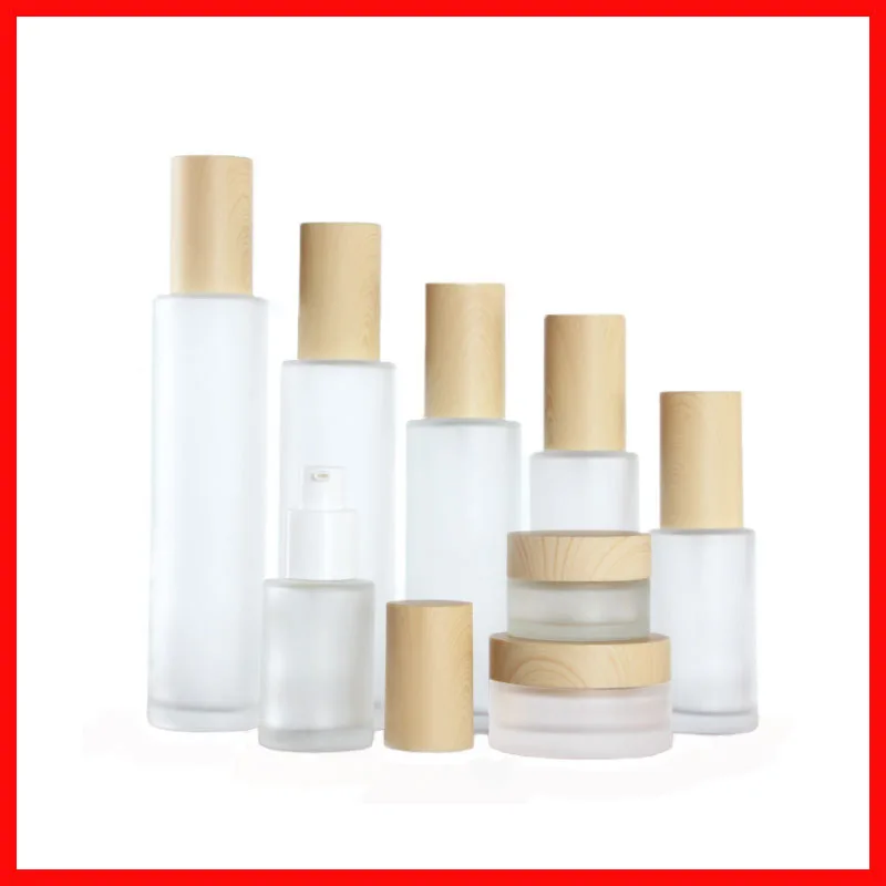 20/30/40/60/80/100/120ML frosted Empty glass bottle/jar lotion/mist spay pump Cosmetic Packing matt clean w wood grain cap