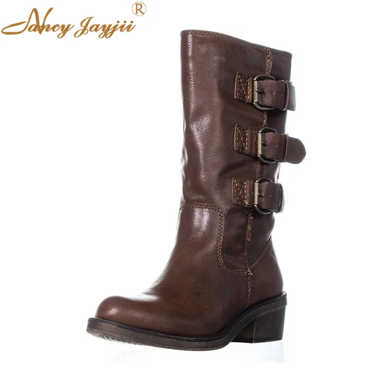 

Nancyjayjii 3 Buckle Women’S Mid Calf Boots Brown Leather Round Toe Med Chunky Heels Female Winter Short Booties Slip On Shoes