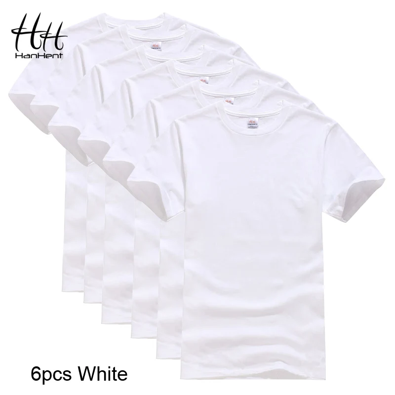 6pcs White HanHent 6-pack Футболка мужская хлопок Круглый вырез короткий рукав Базовая футболка пустой Повседневный Топ мужские майки простые футболки делового стиля - Цвет: 6pcs White