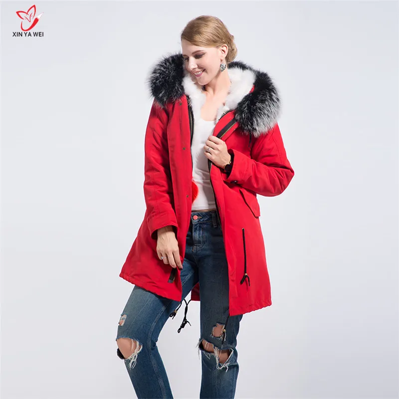 

2018 New Style Fashion Fox Stitching Fur Lined Natural Fur Coat Red Winter Medium Long Women Natural Warm Raccoon Fur Collar
