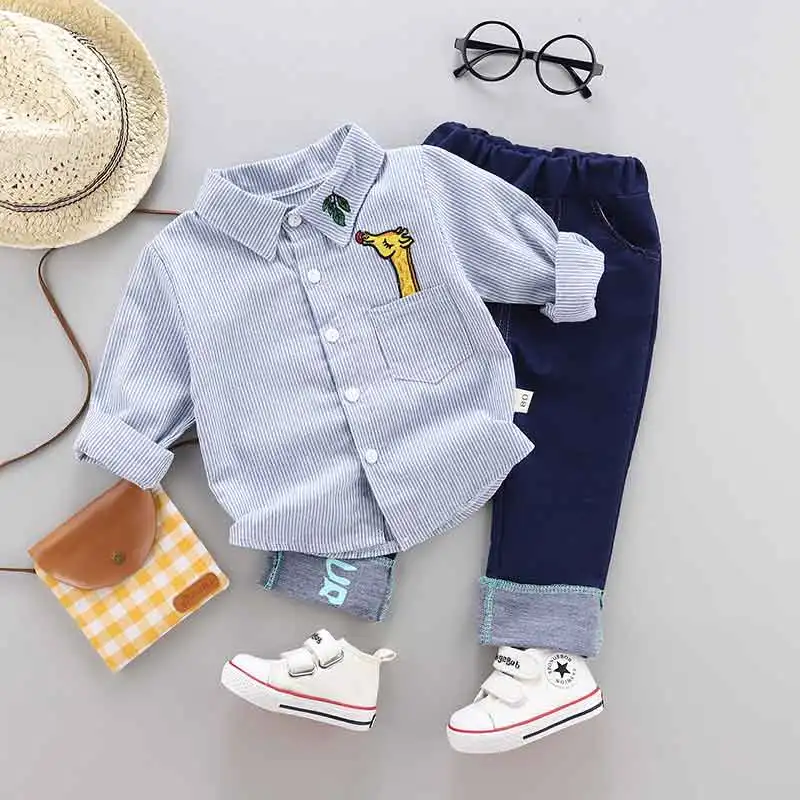 giraffe-blue-sets Одежда для маленьких мальчиков рубашки в полоску с длинными рукавами Топы, джинсовые штаны Одежда для младенцев Bebes повседневные Костюмы цельнокроеная рубашка цельнокроеная одежда - Цвет: giraffe-blue-sets