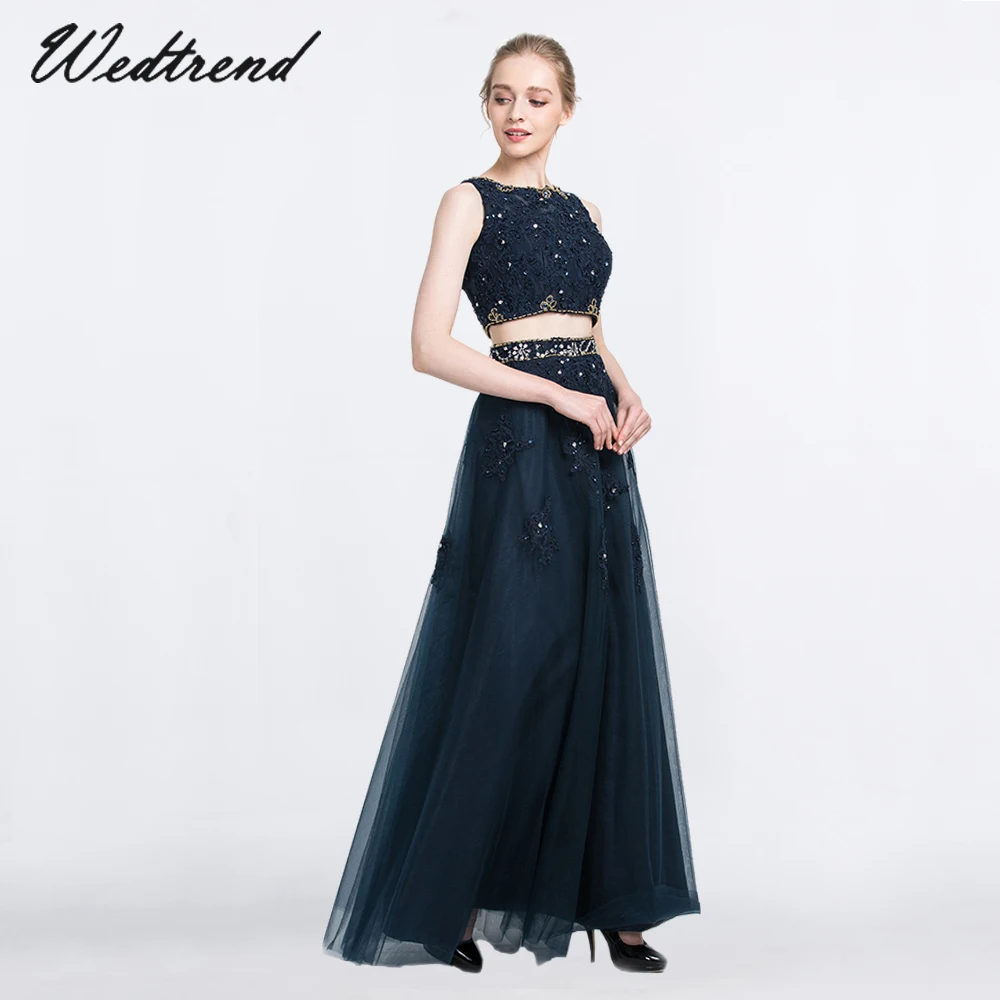 Wedtrend Navy Blue Evening Dress 2019 Vintage Beaded Applique Tulle Two Pieces of Formal Gown Dresses abendkleider | Свадьбы и